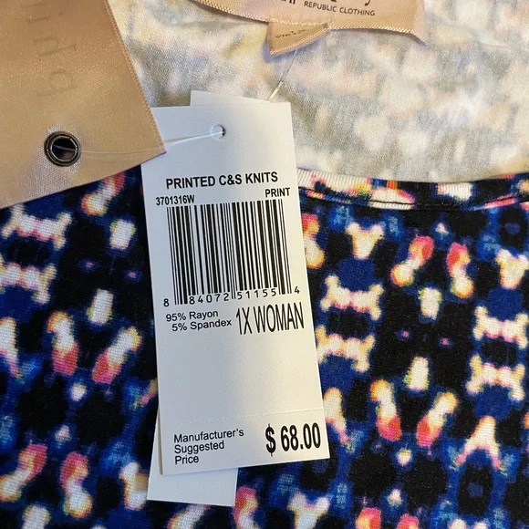 Philosophy Print Tunic Top Black, Blue, and Pink, Size 1X New - Picture 6 of 8